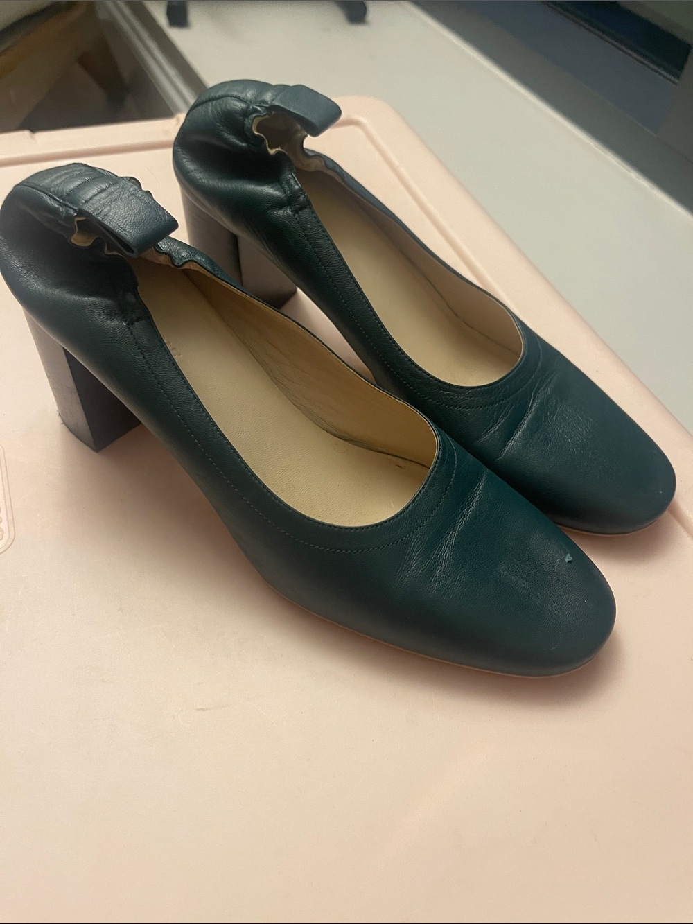 Everlane Dark Green Leather Block Heel Pumps